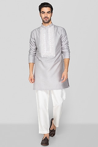 Grey Cotton Silk Block Printed Kurta Set For Boys by Sanjev Marwaaha Kids
