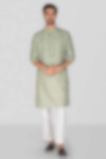 Olive Green Cotton Silk Geometric Embroidered Kurta Set For Boys by Sanjev Marwaaha Kids at Pernia's Pop Up Shop