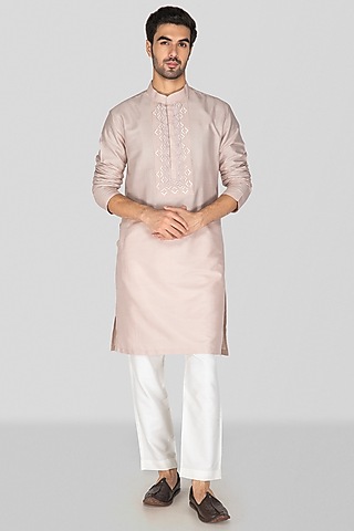 Nude Pink Cotton Silk Geometric Embroidered Kurta Set For Boys by Sanjev Marwaaha Kids