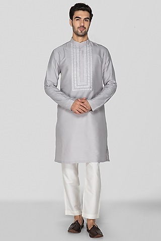 Grey Cotton Silk Embroidered Kurta Set For Boys by Sanjev Marwaaha Kids
