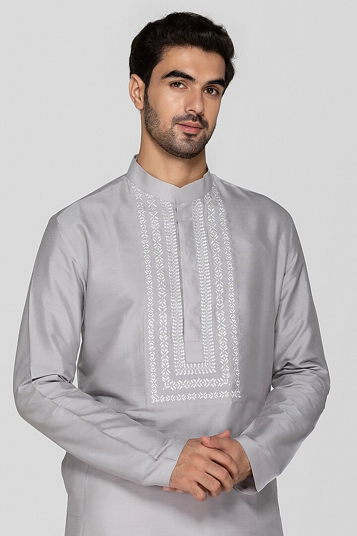 Grey Cotton Silk Embroidered Kurta Set For Boys by Sanjev Marwaaha Kids at Pernia's Pop Up Shop