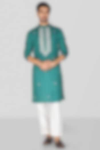 Teal Jennifer Silk Thread Embroidered Kurta Set For Boys by Sanjev Marwaaha Kids at Pernia's Pop Up Shop