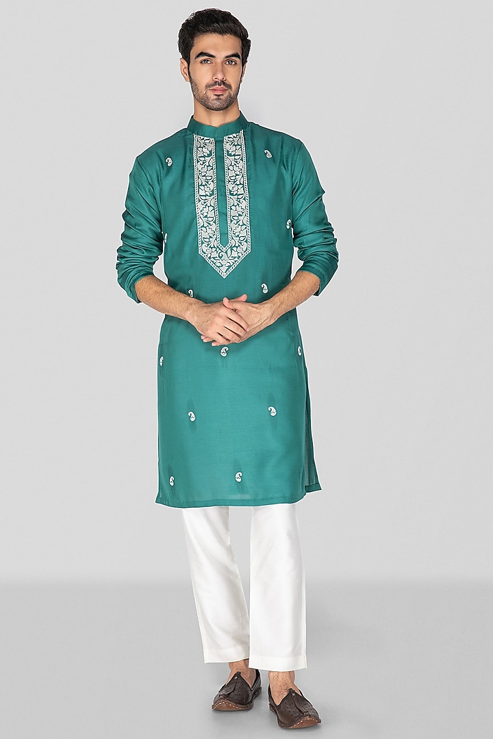 Teal Jennifer Silk Thread Embroidered Kurta Set For Boys by Sanjev Marwaaha Kids at Pernia's Pop Up Shop