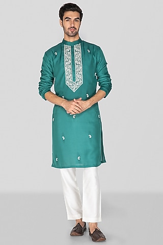 Teal Jennifer Silk Thread Embroidered Kurta Set For Boys by Sanjev Marwaaha Kids