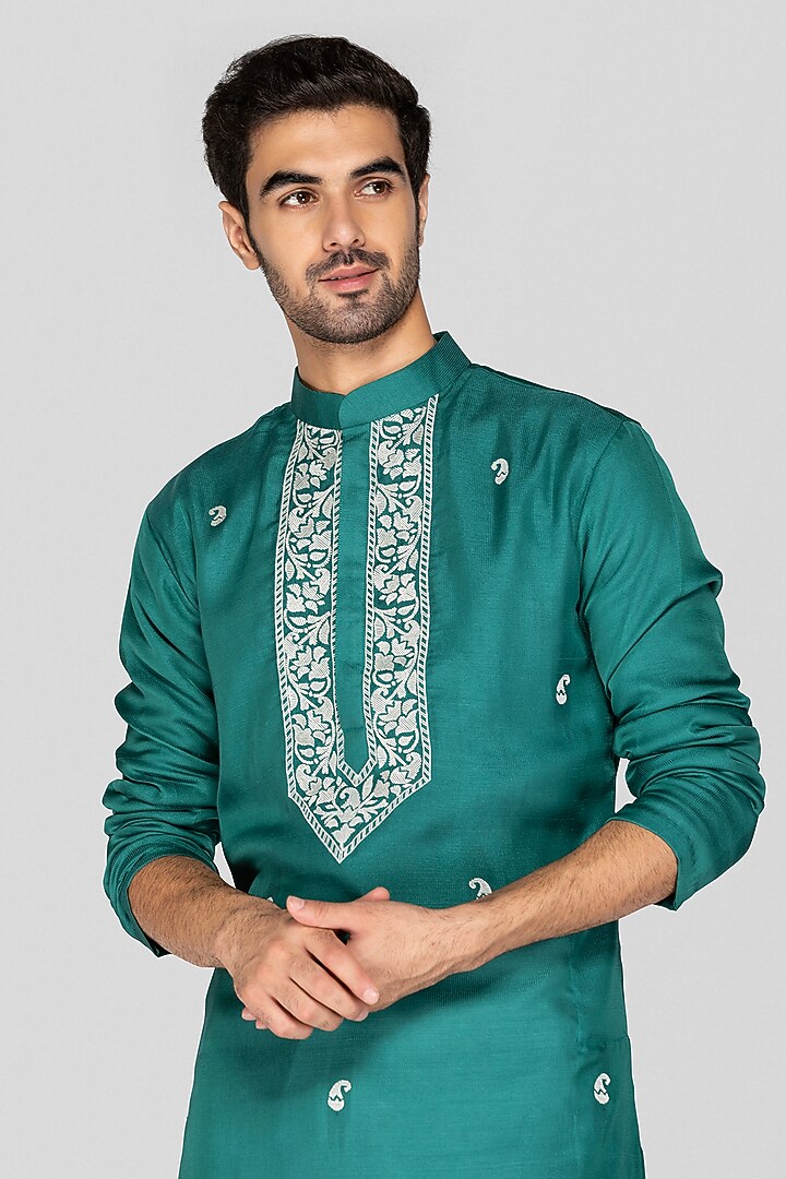 Teal Jennifer Silk Thread Embroidered Kurta Set For Boys by Sanjev Marwaaha Kids at Pernia's Pop Up Shop