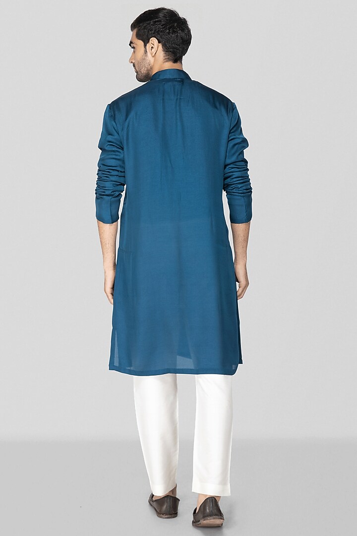 Blue Cotton Silk Hand Embroidered Kurta Set For Boys by Sanjev Marwaaha Kids at Pernia's Pop Up Shop