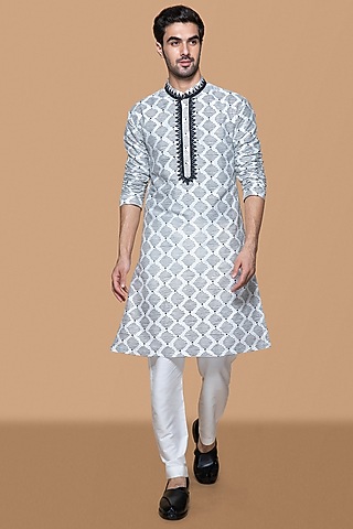 Ivory & Black Cotton Silk Block Printed Kurta Set For Boys by Sanjev Marwaaha Kids