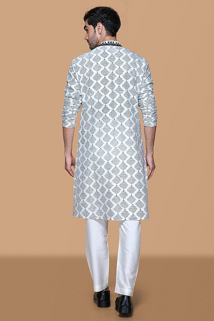 Ivory & Black Cotton Silk Block Printed Kurta Set For Boys by Sanjev Marwaaha Kids at Pernia's Pop Up Shop