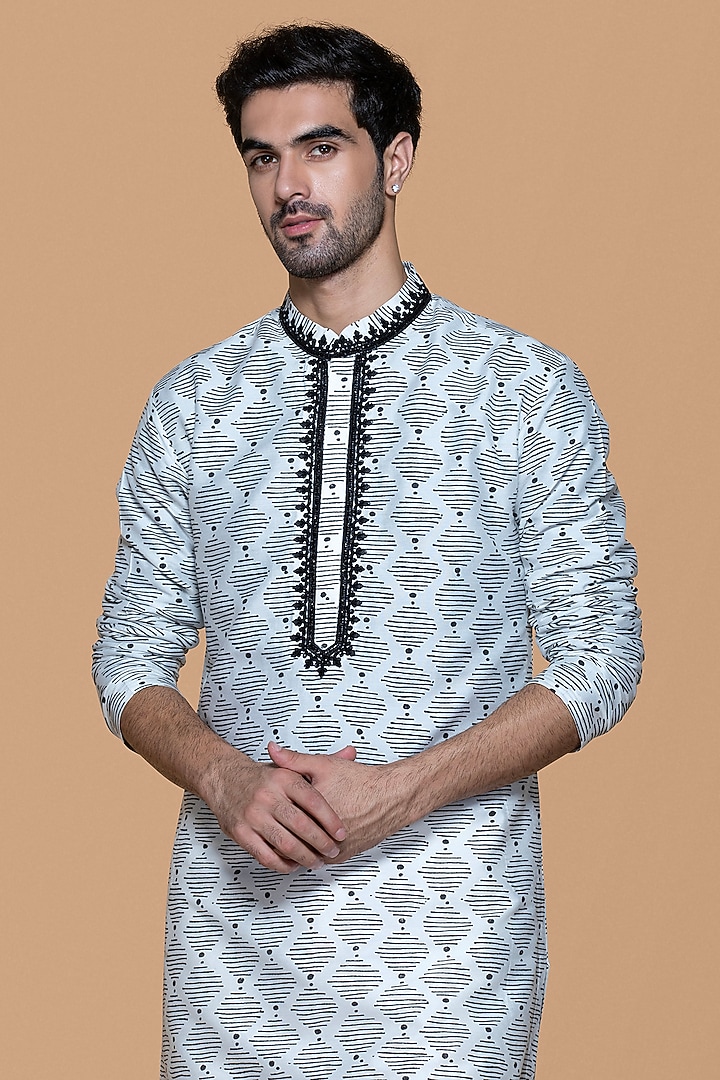Ivory & Black Cotton Silk Block Printed Kurta Set For Boys by Sanjev Marwaaha Kids at Pernia's Pop Up Shop