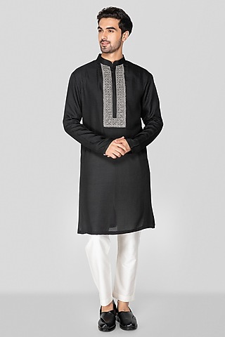 Black Cotton Silk Embroidered Kurta Set For Boys by Sanjev Marwaaha Kids