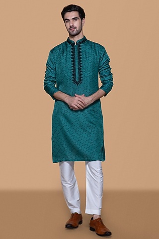Pine Green Cotton Silk Embroidered Kurta Set For Boys by Sanjev Marwaaha Kids