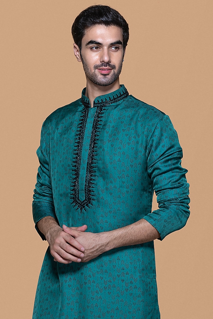 Pine Green Cotton Silk Embroidered Kurta Set For Boys by Sanjev Marwaaha Kids at Pernia's Pop Up Shop