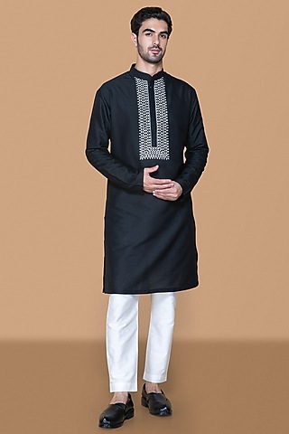 Black Cotton Silk Embroidered Kurta Set For Boys by Sanjev Marwaaha Kids