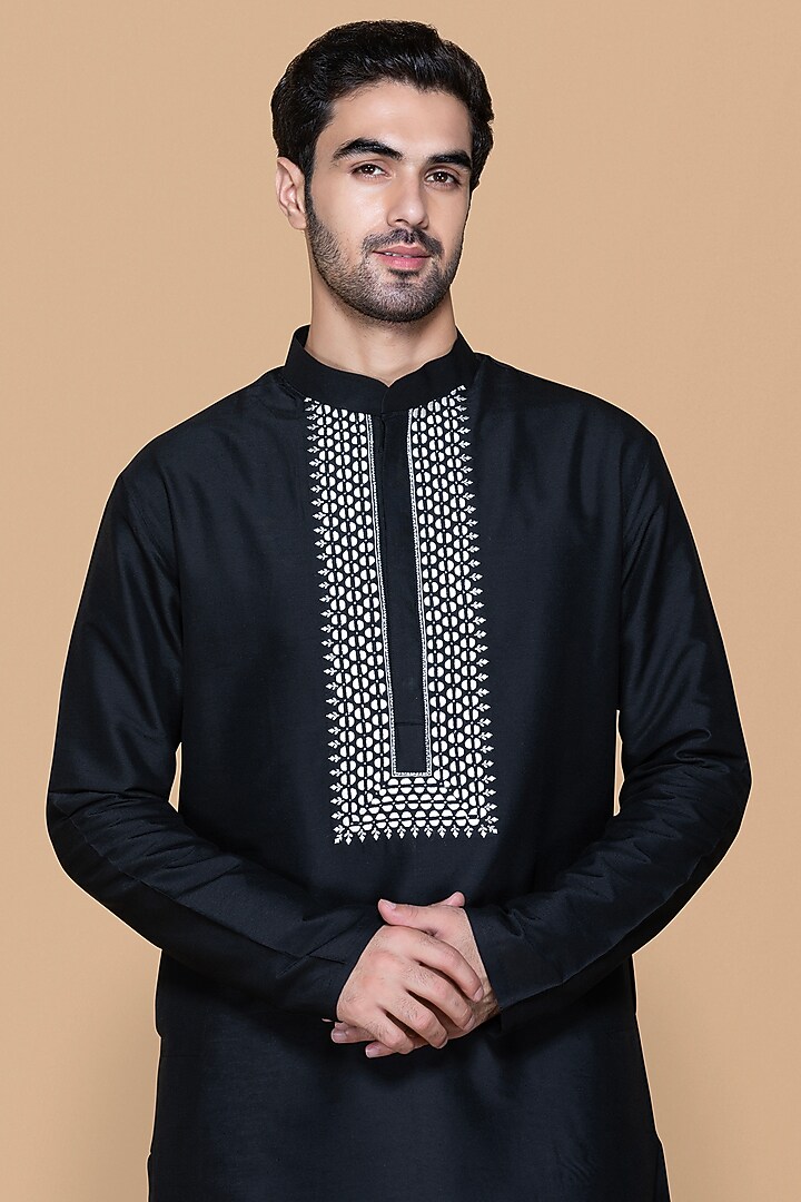 Black Cotton Silk Embroidered Kurta Set For Boys by Sanjev Marwaaha Kids at Pernia's Pop Up Shop