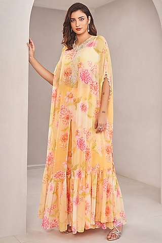 Sunshine Yellow Georgette Floral Printed Cape Set by Sammohi By Moksha & Hiral