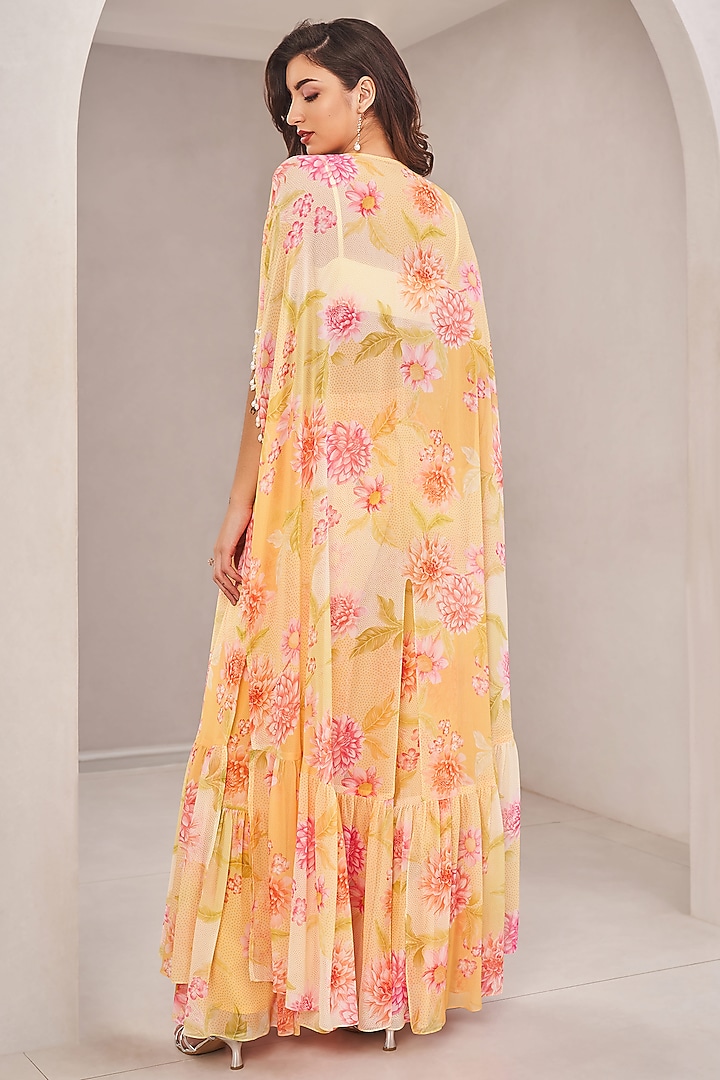 Sunshine Yellow Georgette Floral Printed Cape Set by Sammohi By Moksha & Hiral at Pernia's Pop Up Shop