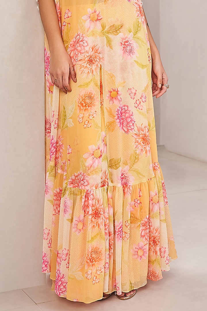 Sunshine Yellow Georgette Floral Printed Cape Set by Sammohi By Moksha & Hiral at Pernia's Pop Up Shop