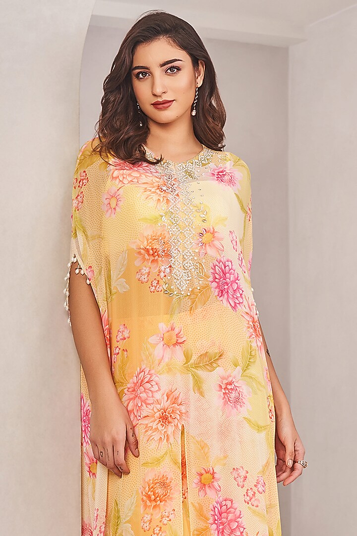 Sunshine Yellow Georgette Floral Printed Cape Set by Sammohi By Moksha & Hiral at Pernia's Pop Up Shop