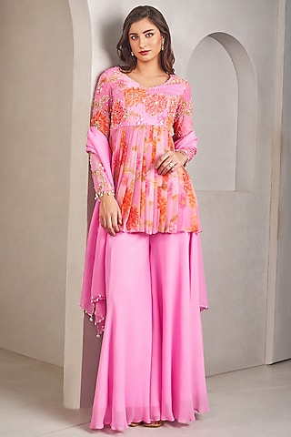 Lavender Georgette Palazzo Pant Set by Sammohi By Moksha & Hiral