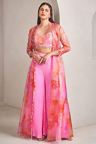 Lavender Liquid Organza & Sequins Floral Printed Jacket Set by Sammohi By Moksha & Hiral