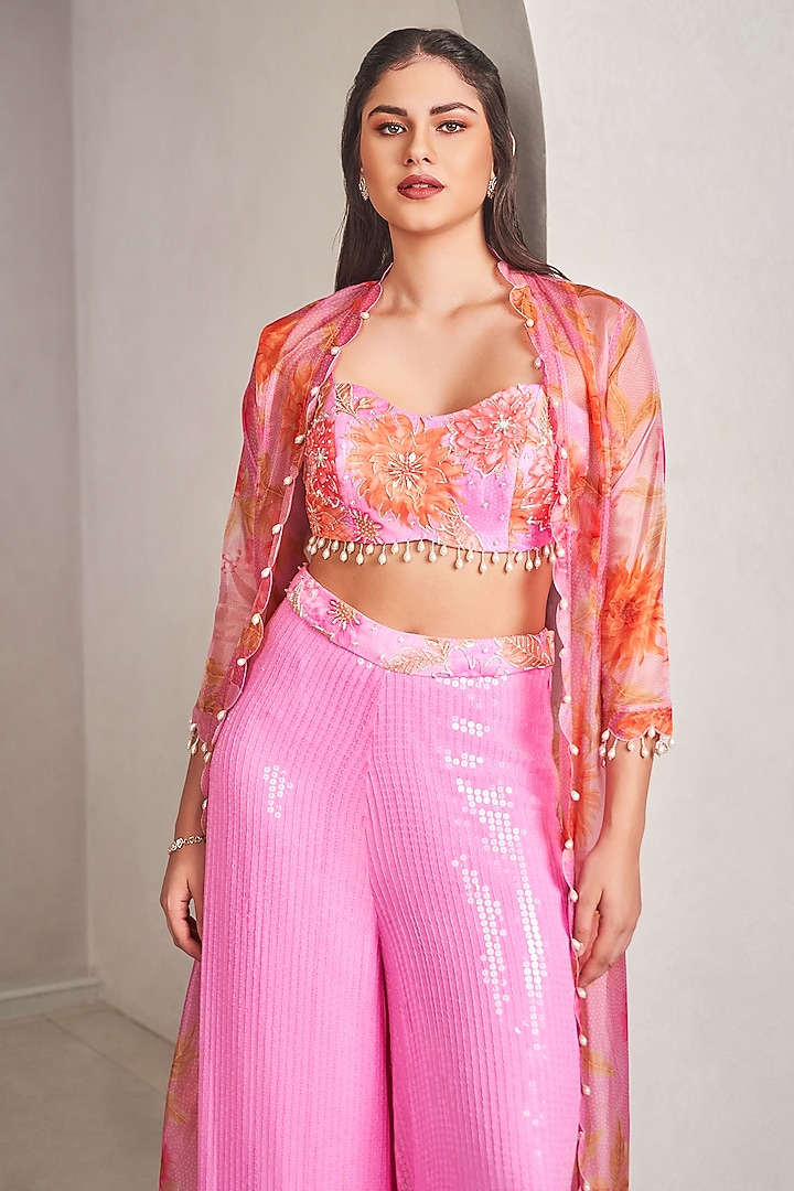 Lavender Liquid Organza & Sequins Floral Printed Jacket Set by Sammohi By Moksha & Hiral at Pernia's Pop Up Shop