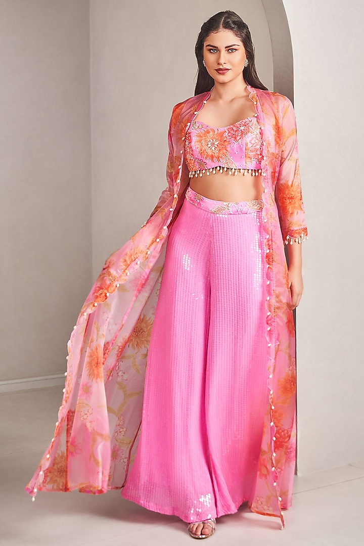 Lavender Liquid Organza & Sequins Floral Printed Jacket Set by Sammohi By Moksha & Hiral at Pernia's Pop Up Shop