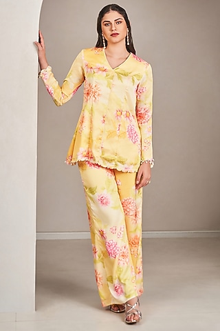 Yellow Modal Satin Floral Printed & Embroidered Co-Ord Set by Sammohi By Moksha & Hiral