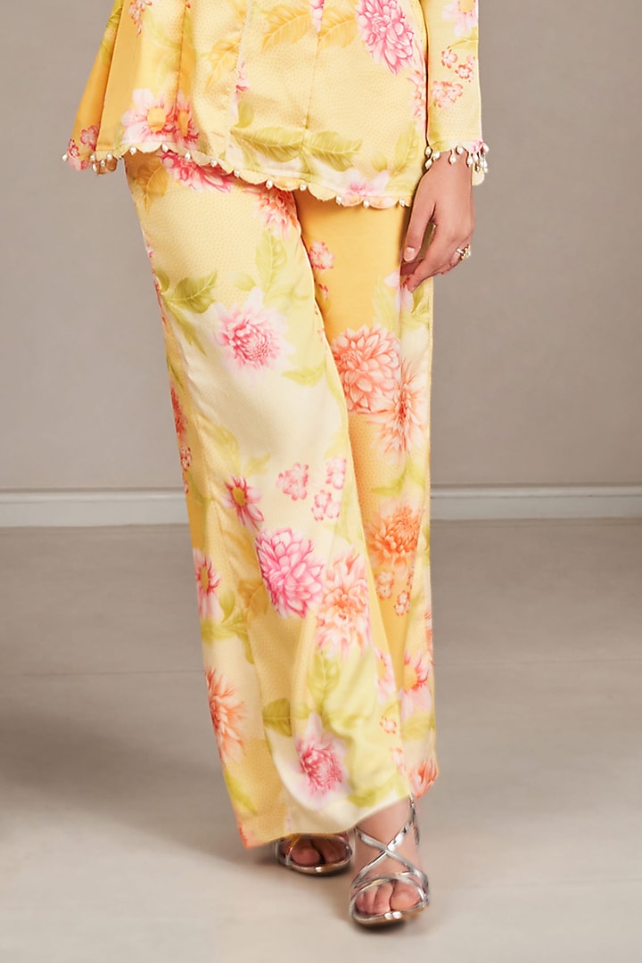 Yellow Modal Satin Floral Printed & Embroidered Co-Ord Set by Sammohi By Moksha & Hiral at Pernia's Pop Up Shop