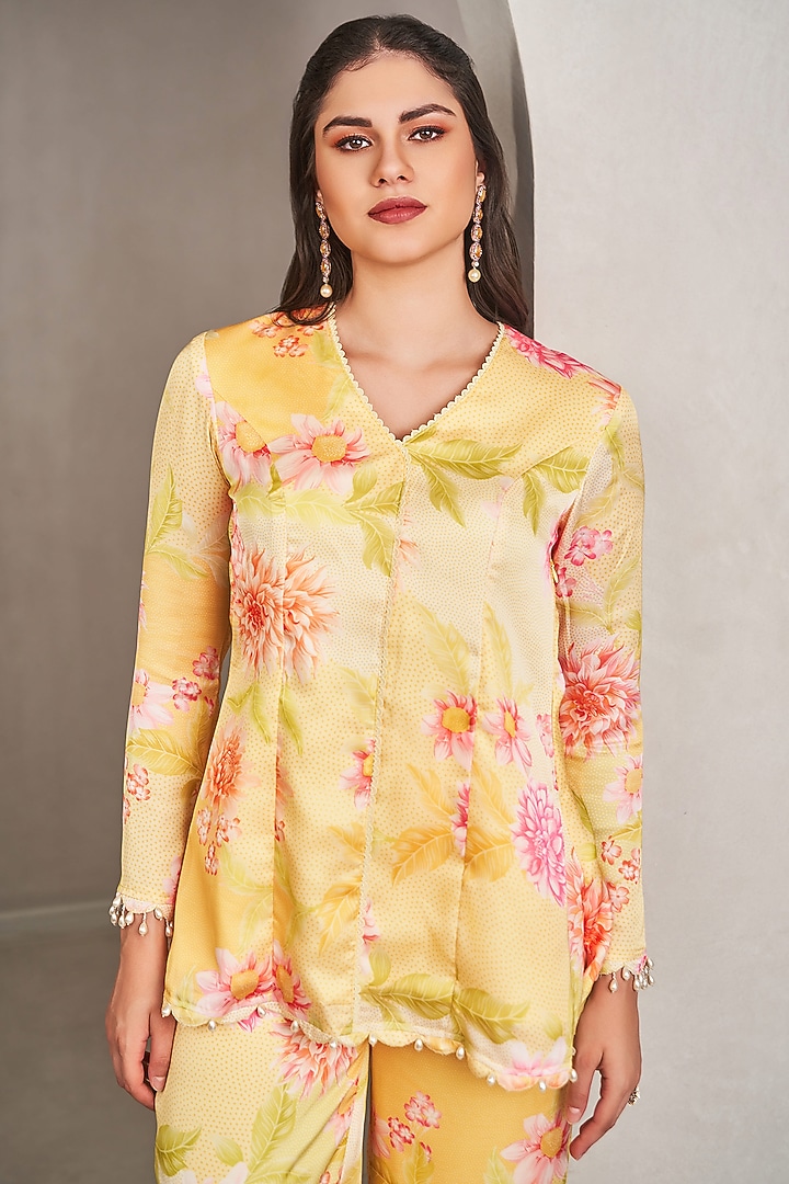Yellow Modal Satin Floral Printed & Embroidered Co-Ord Set by Sammohi By Moksha & Hiral at Pernia's Pop Up Shop