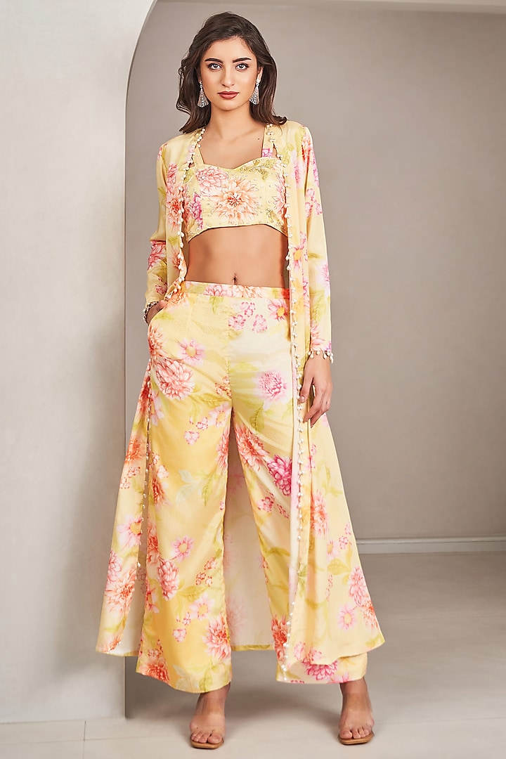 Sunshine Yellow Modal Satin Floral Printed Jacket Set by Sammohi By Moksha & Hiral at Pernia's Pop Up Shop