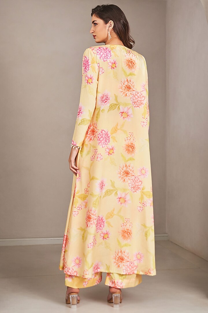 Sunshine Yellow Modal Satin Floral Printed Jacket Set by Sammohi By Moksha & Hiral at Pernia's Pop Up Shop