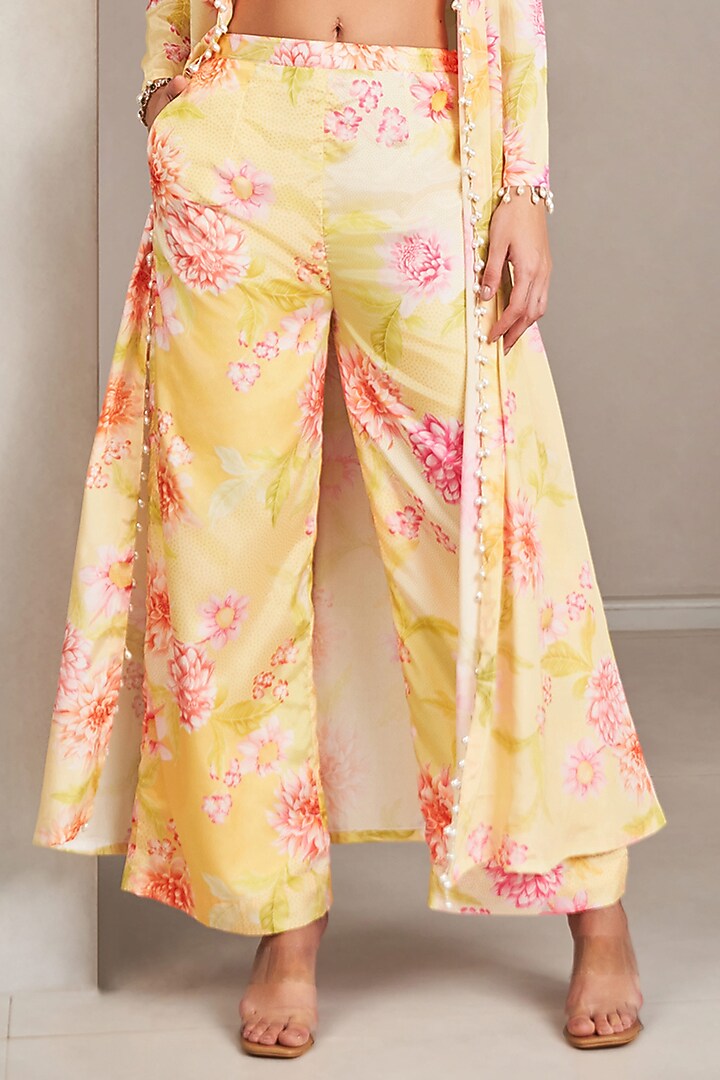 Sunshine Yellow Modal Satin Floral Printed Jacket Set by Sammohi By Moksha & Hiral at Pernia's Pop Up Shop
