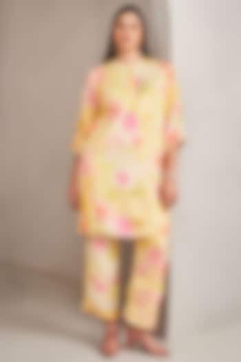 Sunshine Yellow Modal Satin Floral Printed & Embroidered Kurta Set by Sammohi By Moksha & Hiral at Pernia's Pop Up Shop