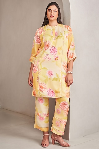 Sunshine Yellow Modal Satin Floral Printed & Embroidered Kurta Set by Sammohi By Moksha & Hiral