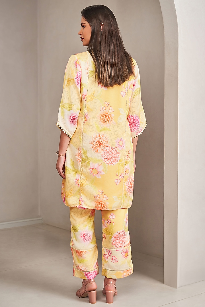 Sunshine Yellow Modal Satin Floral Printed & Embroidered Kurta Set by Sammohi By Moksha & Hiral at Pernia's Pop Up Shop