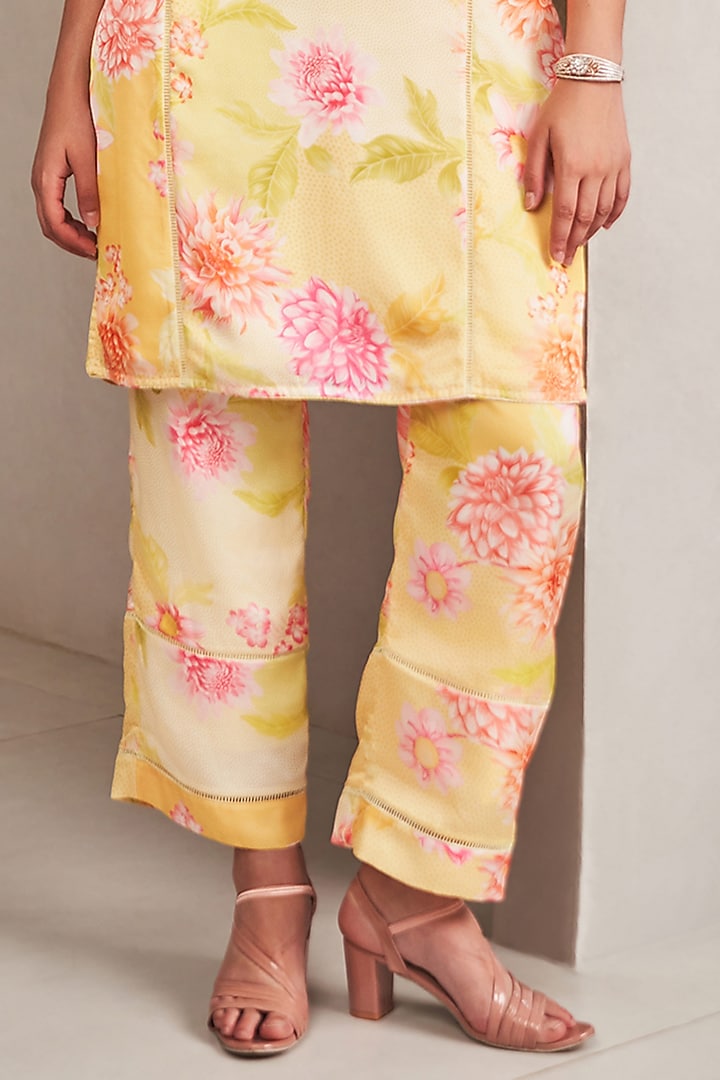 Sunshine Yellow Modal Satin Floral Printed & Embroidered Kurta Set by Sammohi By Moksha & Hiral at Pernia's Pop Up Shop