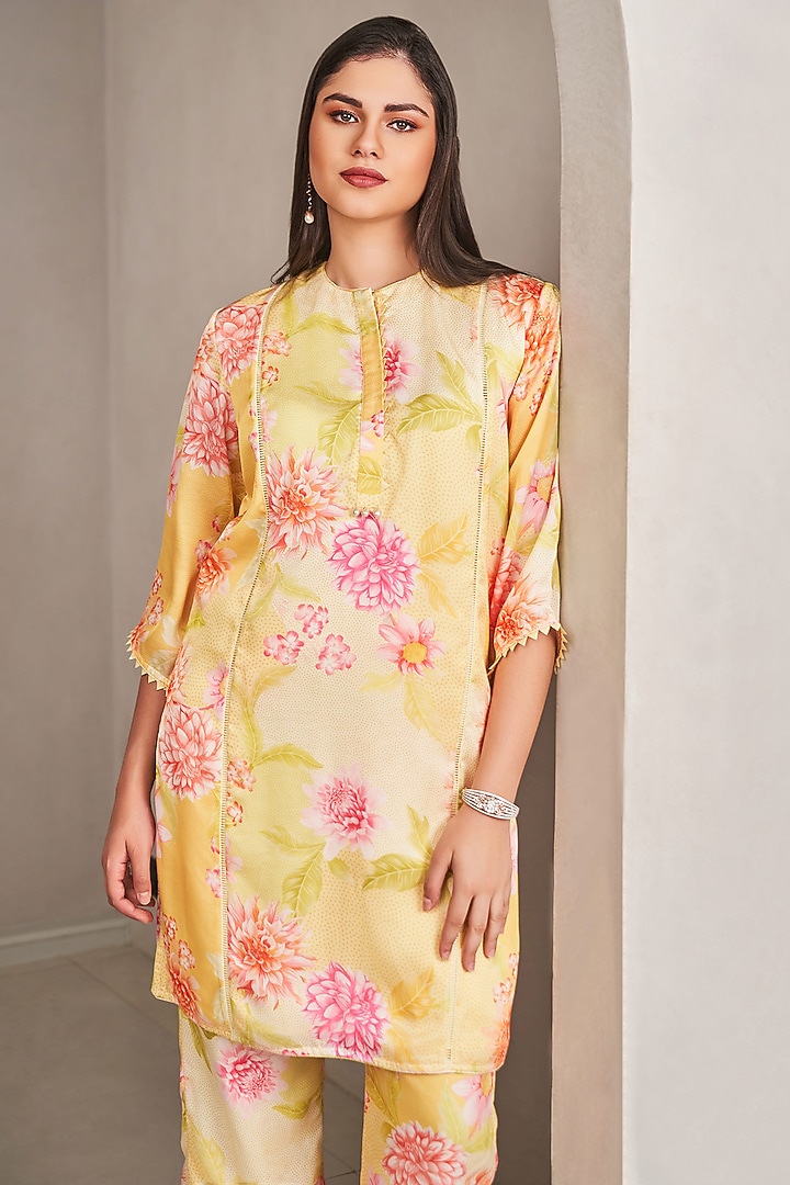 Sunshine Yellow Modal Satin Floral Printed & Embroidered Kurta Set by Sammohi By Moksha & Hiral at Pernia's Pop Up Shop