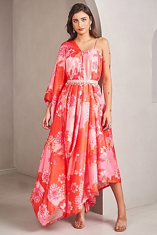 Coral Modal Satin Floral Printed & Embroidered Draped Dress by Sammohi By Moksha & Hiral