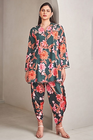 Emerald Green Modal Satin Floral Printed Kurta Set by Sammohi By Moksha & Hiral