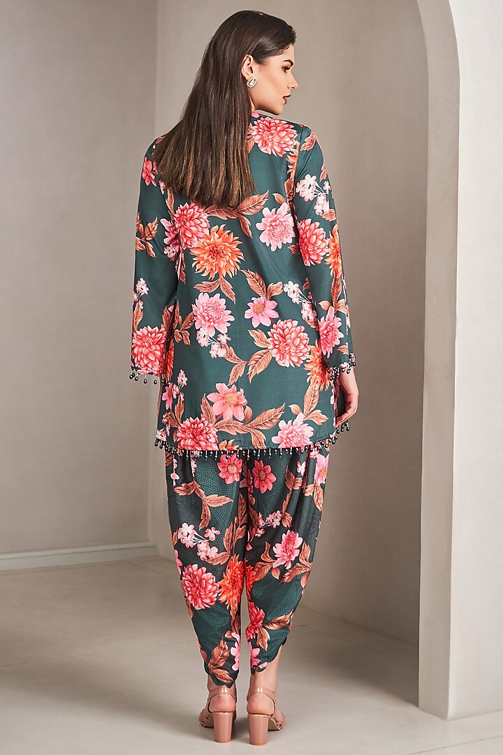 Emerald Green Modal Satin Floral Printed Kurta Set by Sammohi By Moksha & Hiral at Pernia's Pop Up Shop