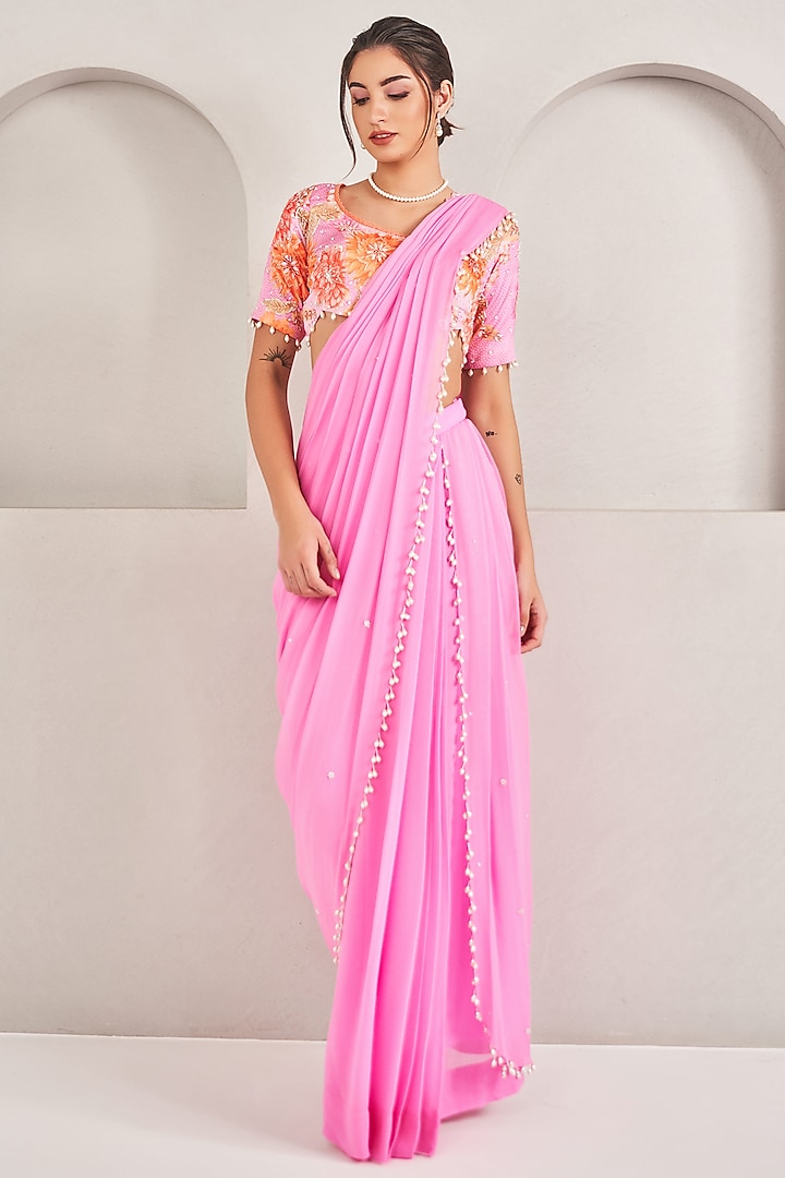 Lavender Georgette Pre-Stitched Saree Set by Sammohi By Moksha & Hiral at Pernia's Pop Up Shop