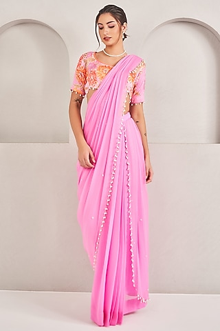 Lavender Georgette Pre-Stitched Saree Set by Sammohi By Moksha & Hiral