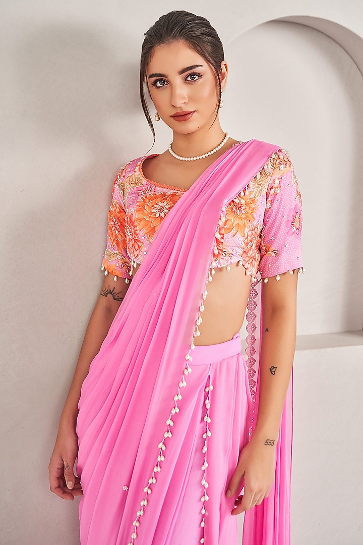 Lavender Georgette Pre-Stitched Party Wear Saree Set by Sammohi By Moksha & Hiral at Pernia's Pop Up Shop