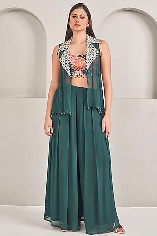 Emerald Green Georgette Floral Printed Jacket Set by Sammohi By Moksha & Hiral