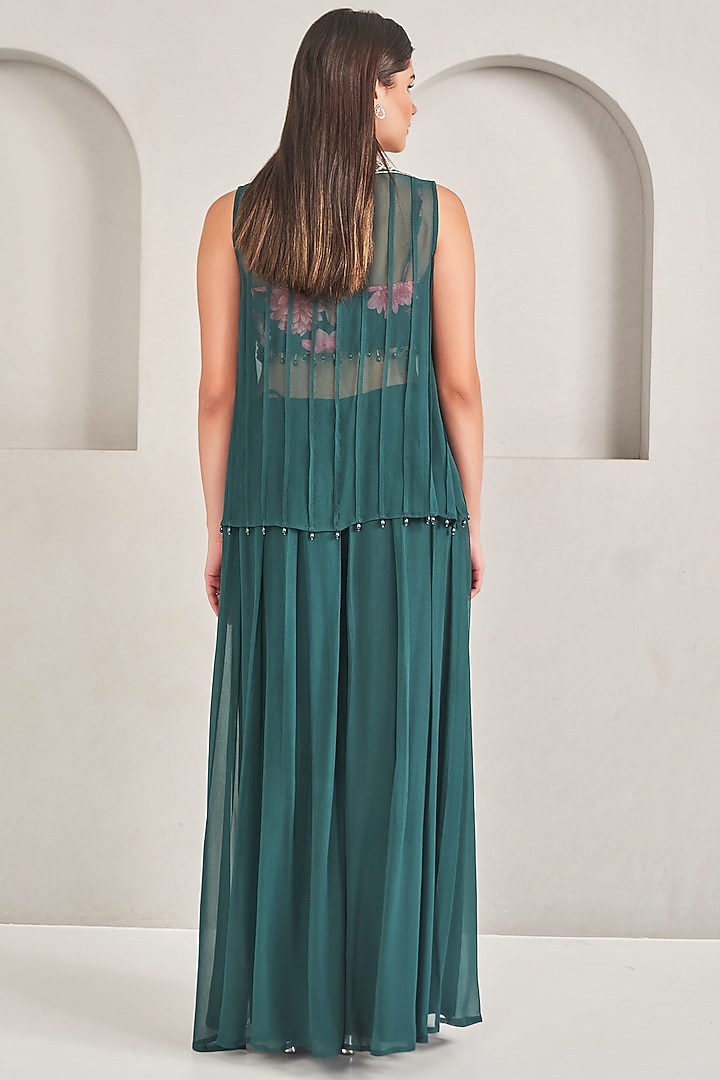 Emerald Green Georgette Floral Printed Jacket Set by Sammohi By Moksha & Hiral at Pernia's Pop Up Shop