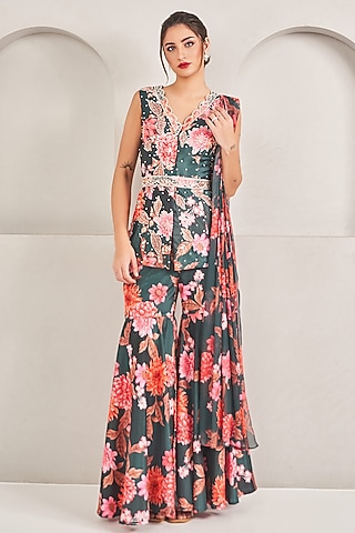 Emerald Green Crepe Silk Floral Printed Sharara Set by Sammohi By Moksha & Hiral