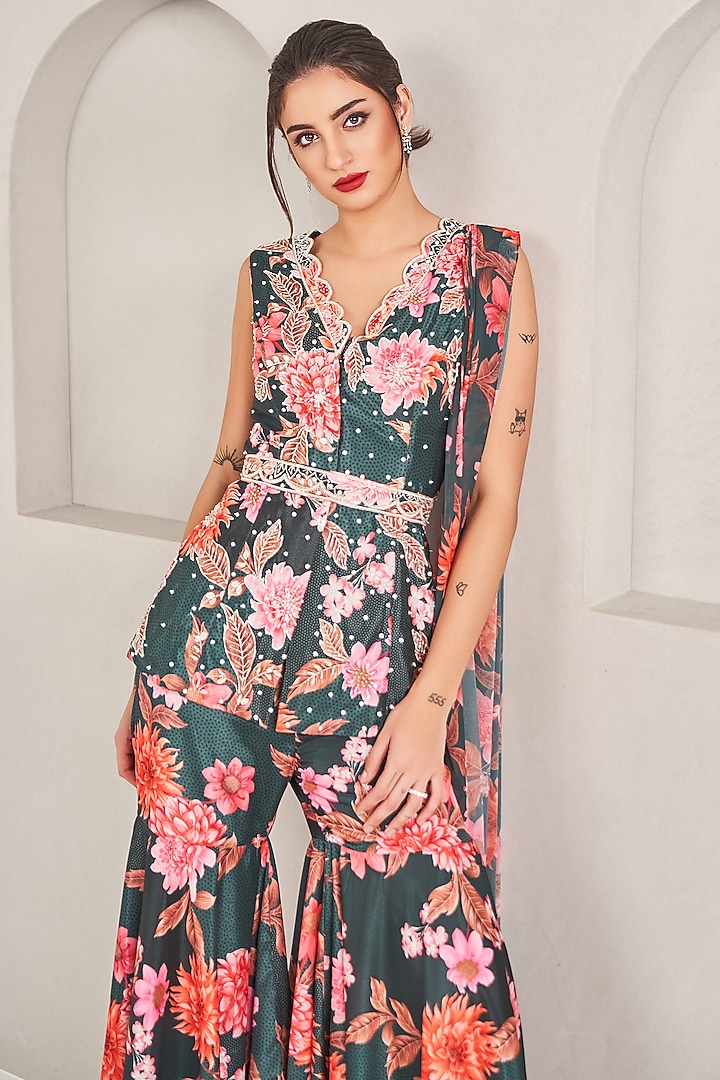 Emerald Green Crepe Silk Floral Printed Party Wear Sharara Set by Sammohi By Moksha & Hiral at Pernia's Pop Up Shop