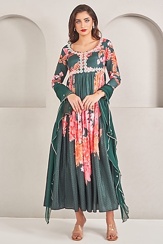 Emerald Green Crepe Silk Floral Printed Anarkali Set by Sammohi By Moksha & Hiral