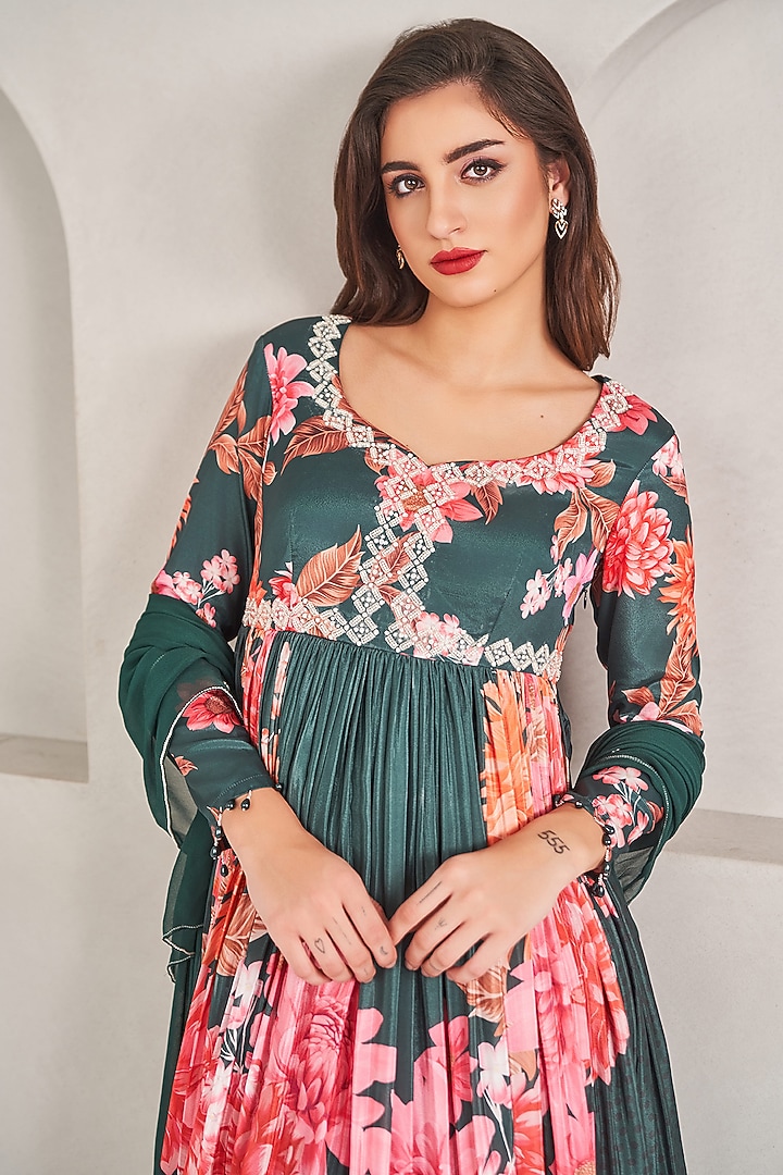 Emerald Green Crepe Silk Floral Printed Party Wear Anarkali Set by Sammohi By Moksha & Hiral at Pernia's Pop Up Shop