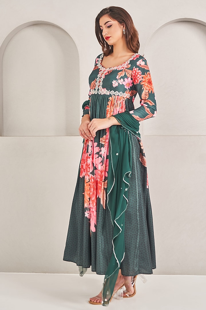 Emerald Green Crepe Silk Floral Printed Party Wear Anarkali Set by Sammohi By Moksha & Hiral at Pernia's Pop Up Shop